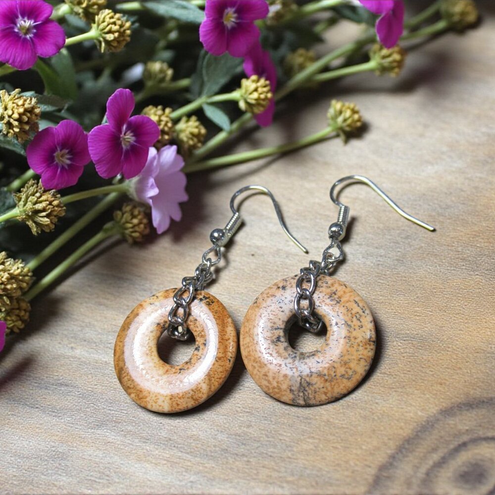 Sandstone Donut Earrings, Silver Curb Chain, Pierced